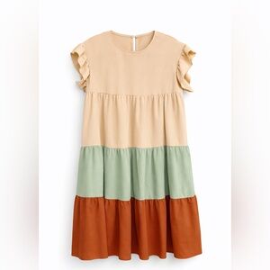 Womens Color Block Tiered Dress Medium Beige Sage Rust Ruffle Sleeve Flowy